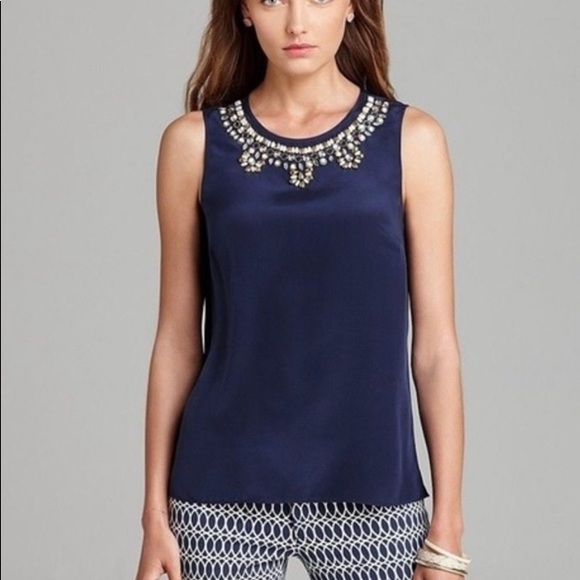 🌴LILLY PULITZER ‘Havana’ Embellished Silk Top in Navy - Picture 1 of 10